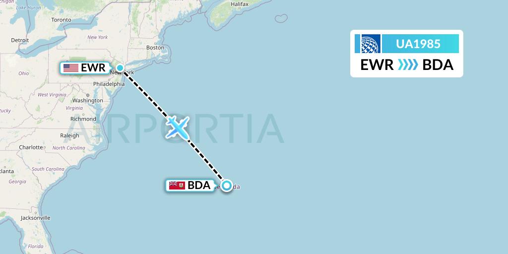 UA1985 United Airlines Flight Map: New York to Bermuda