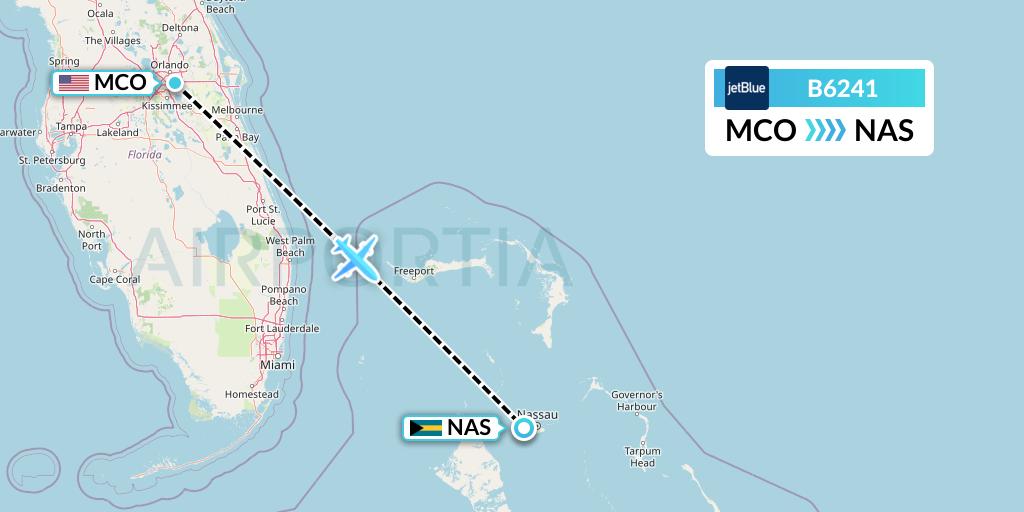 B6241 JetBlue Airways Flight Map: Orlando to Nassau