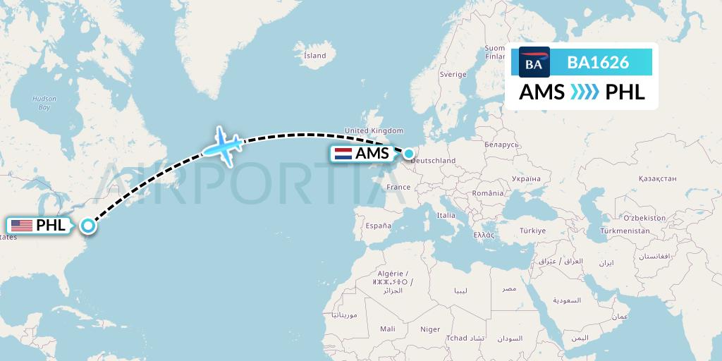 BA1626 British Airways Flight Map: Amsterdam to Philadelphia