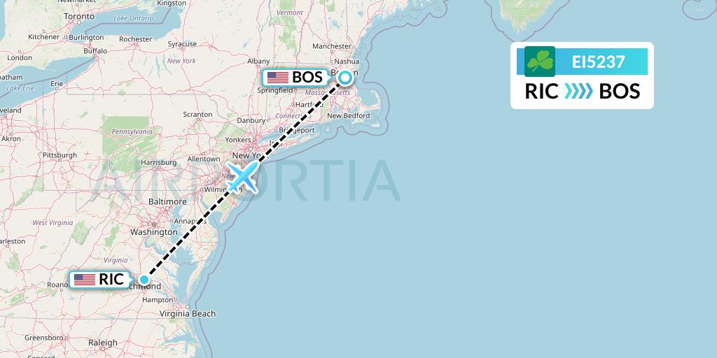 EI5237 Aer Lingus Flight Map: Richmond to Boston
