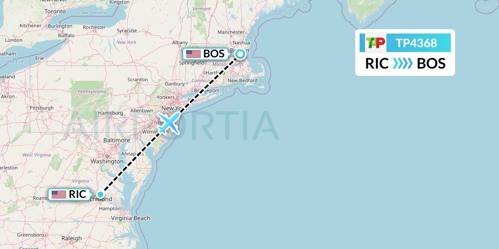 TP4368 TAP Portugal Flight Map: Richmond to Boston