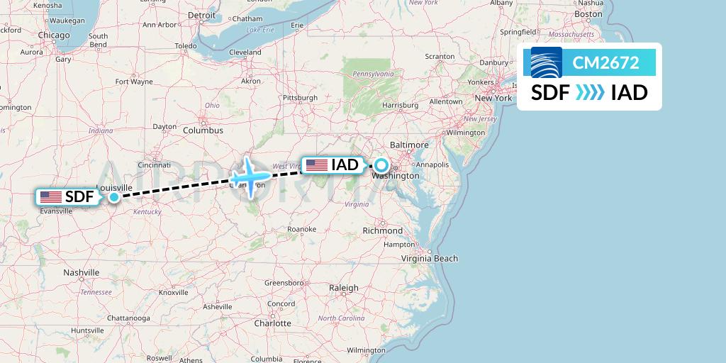 CM2672 Copa Airlines Flight Map: Louisville to Washington