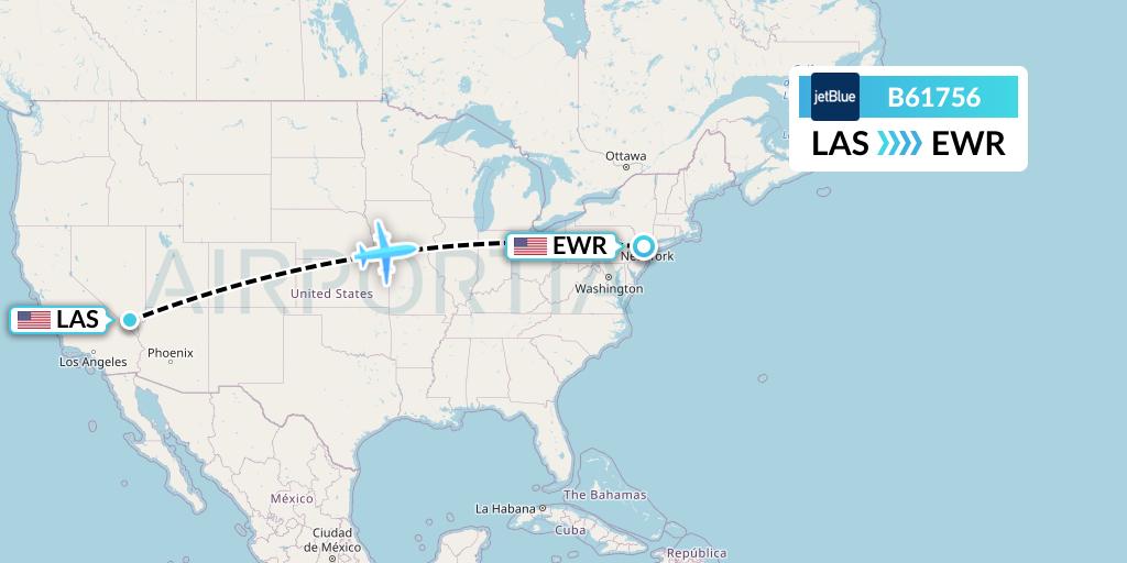 B61756 JetBlue Airways Flight Map: Las Vegas to New York