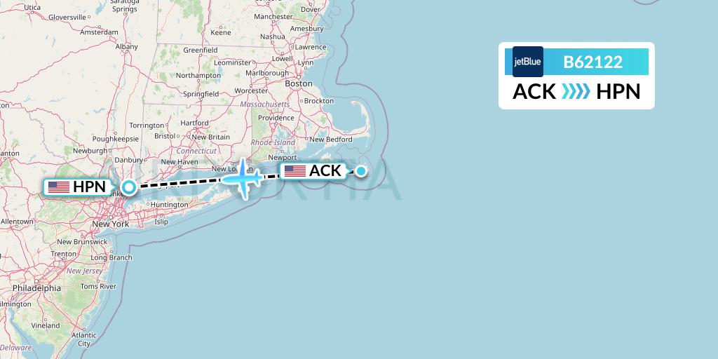B62122 JetBlue Airways Flight Map: Nantucket to White Plains