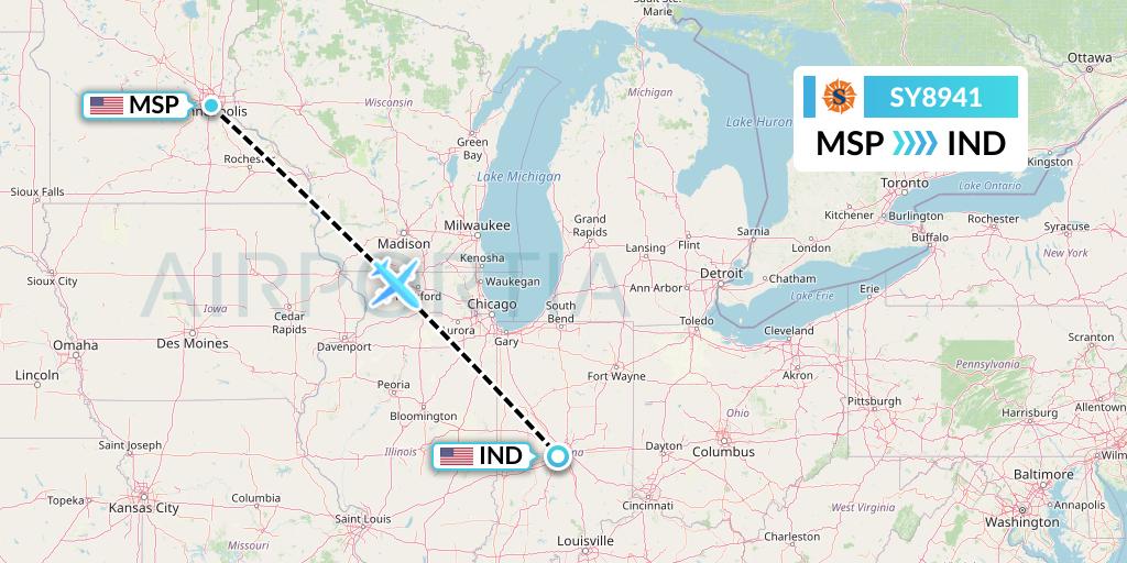 SY8941 Sun Country Airlines Flight Map: Minneapolis to Indianapolis