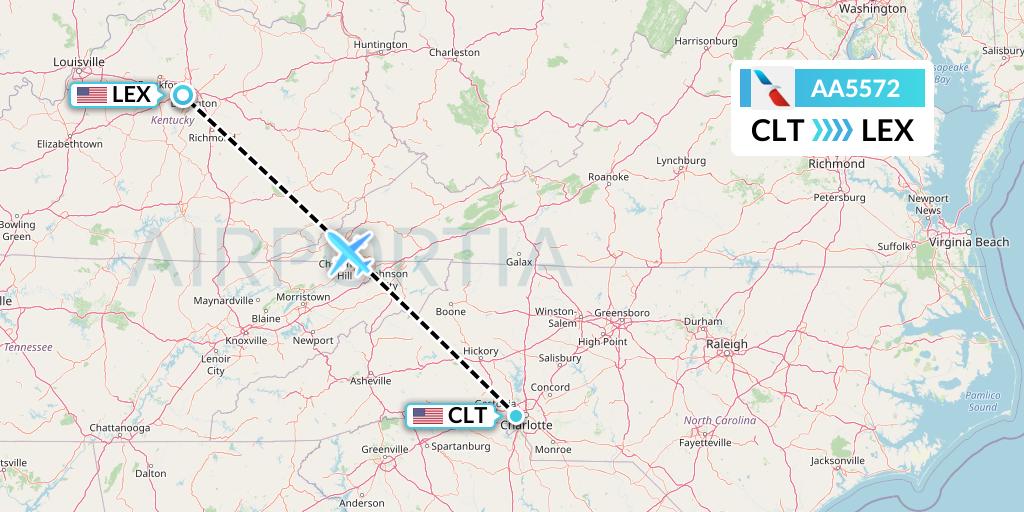 AA5572 American Airlines Flight Map: Charlotte to Lexington