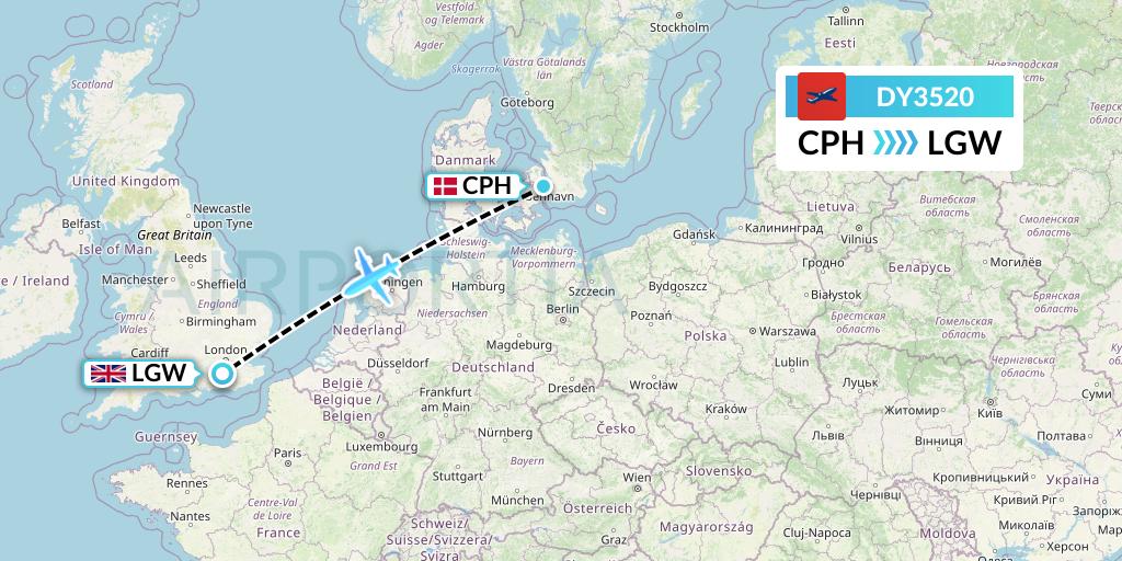 DY3520 Norwegian Flight Map: Copenhagen to London