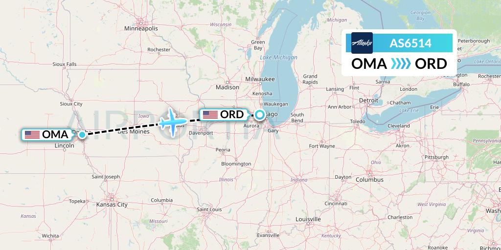AS6514 Alaska Airlines Flight Map: Omaha to Chicago