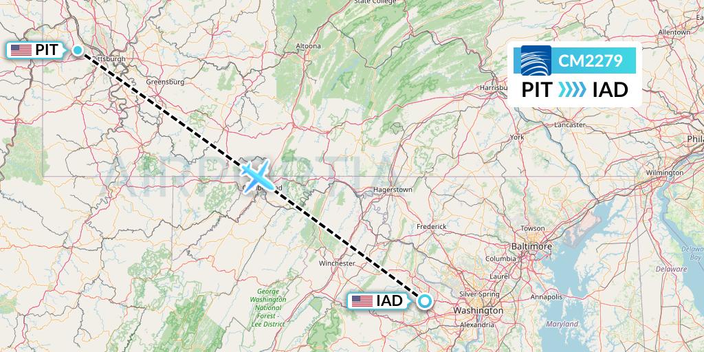 CM2279 Copa Airlines Flight Map: Pittsburgh to Washington