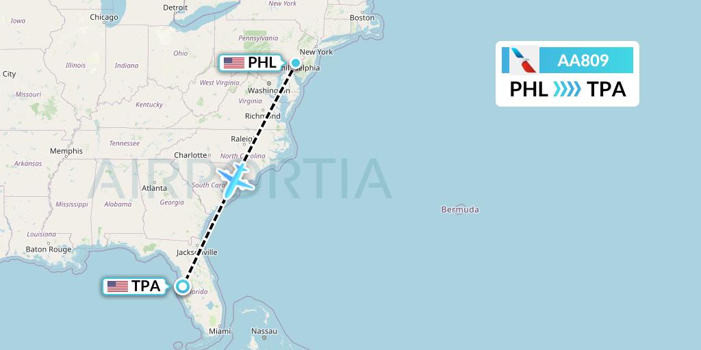 AA809 American Airlines Flight Map: Philadelphia to Tampa