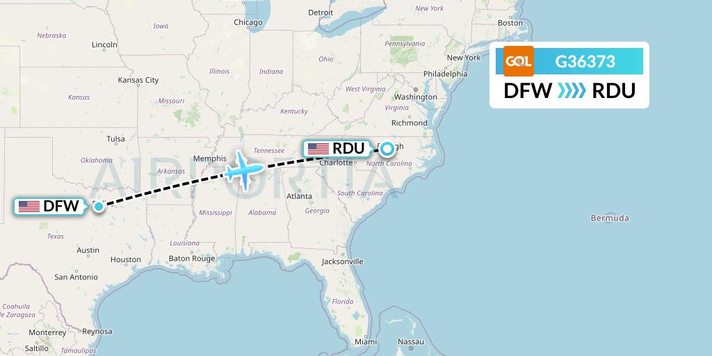 G36373 GOL Transportes Aeros Flight Map: Dallas to Raleigh-Durham