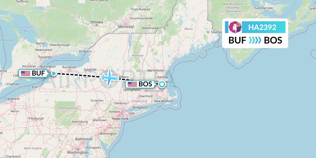 HA2392 Hawaiian Airlines Flight Map: Buffalo to Boston