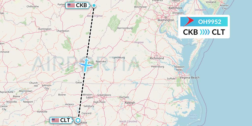 OH9952 PSA Airlines Flight Map: Clarksburg to Charlotte