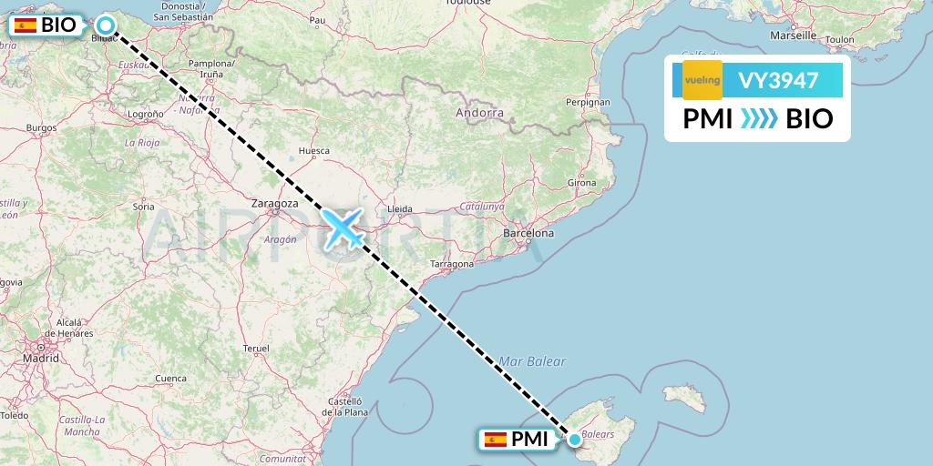 VY3947 Vueling Flight Map: Palma de Mallorca to Bilbao