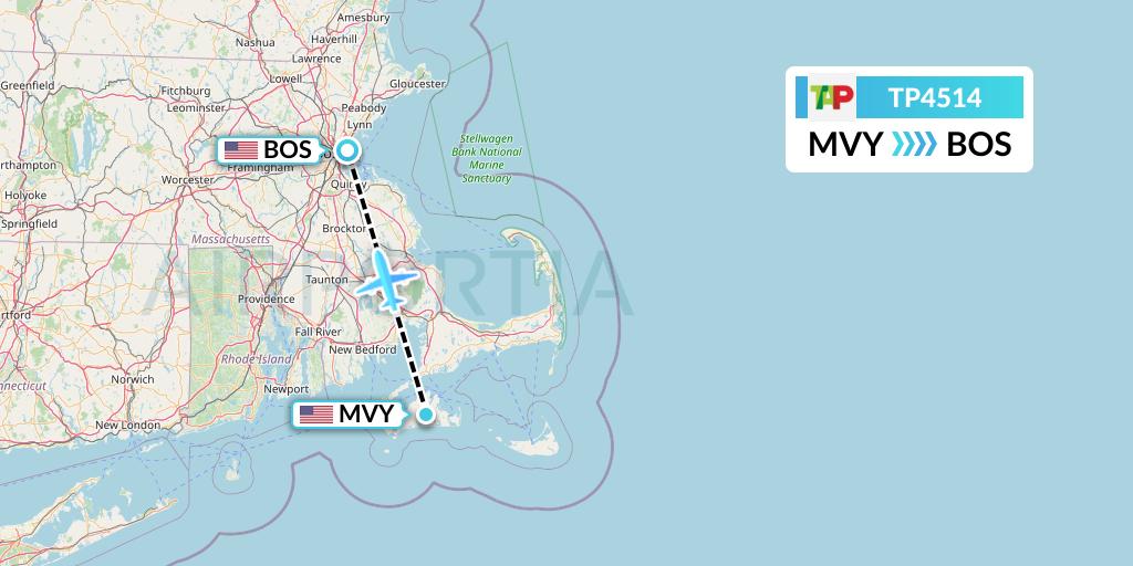 TP4514 TAP Portugal Flight Map: Martha's Vineyard to Boston
