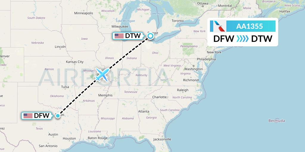 AA1355 American Airlines Flight Map: Dallas to Detroit