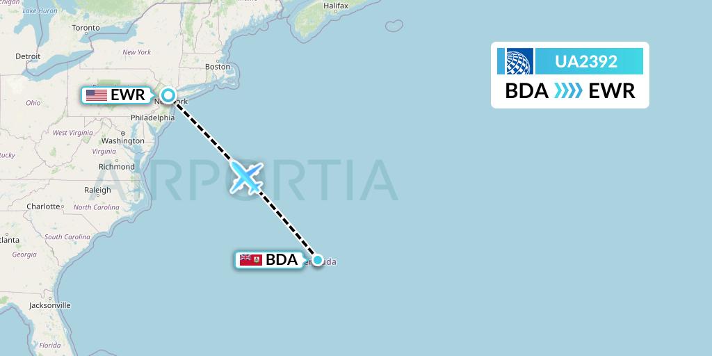 UA2392 United Airlines Flight Map: Bermuda to New York