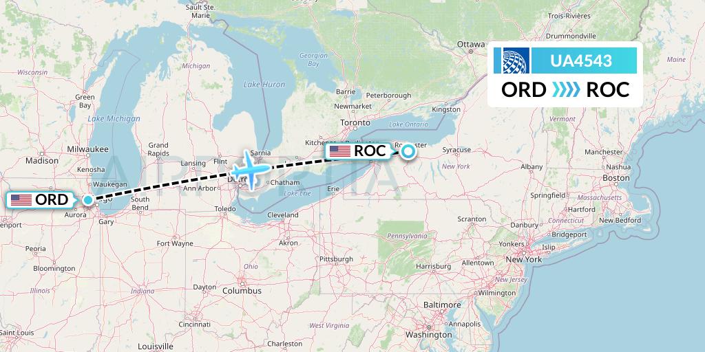 UA4543 United Airlines Flight Map: Chicago to Rochester