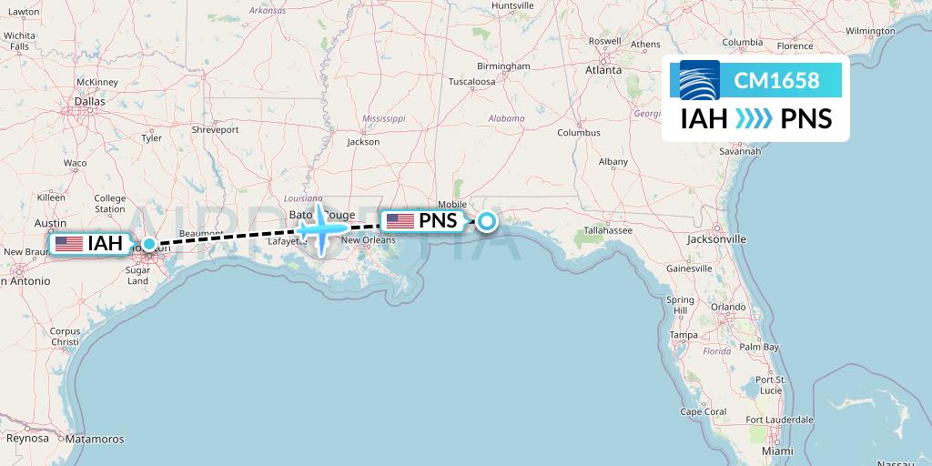 CM1658 Copa Airlines Flight Map: Houston to Pensacola