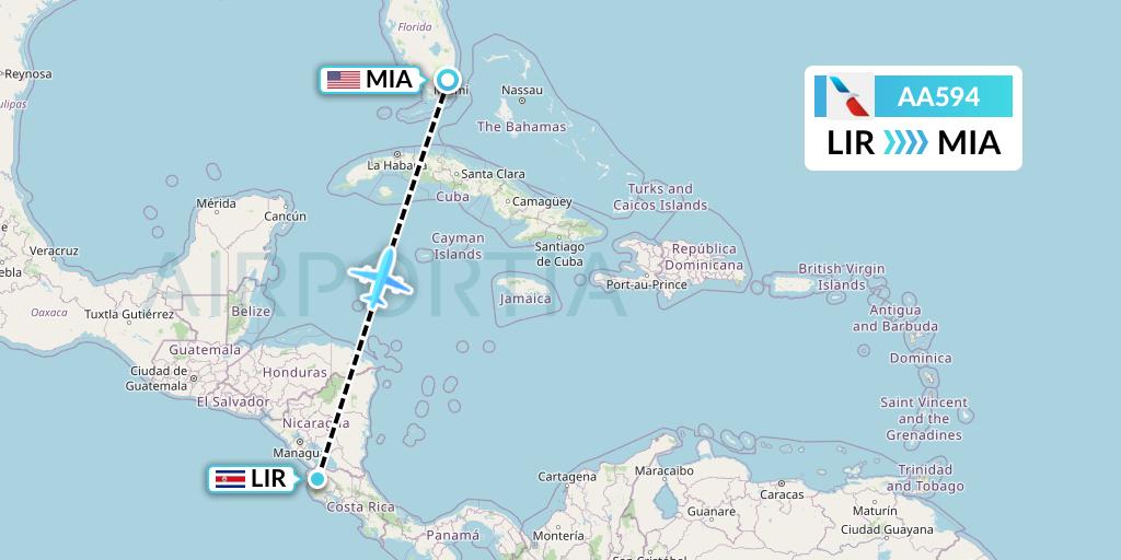 AA594 American Airlines Flight Map: Liberia to Miami