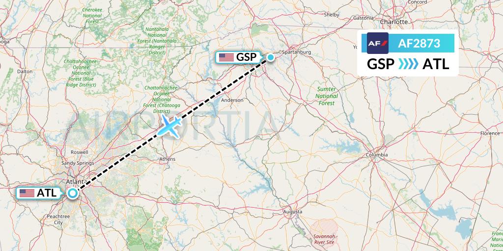 AF2873 Air France Flight Map: Greenville-Spartanburg to Atlanta