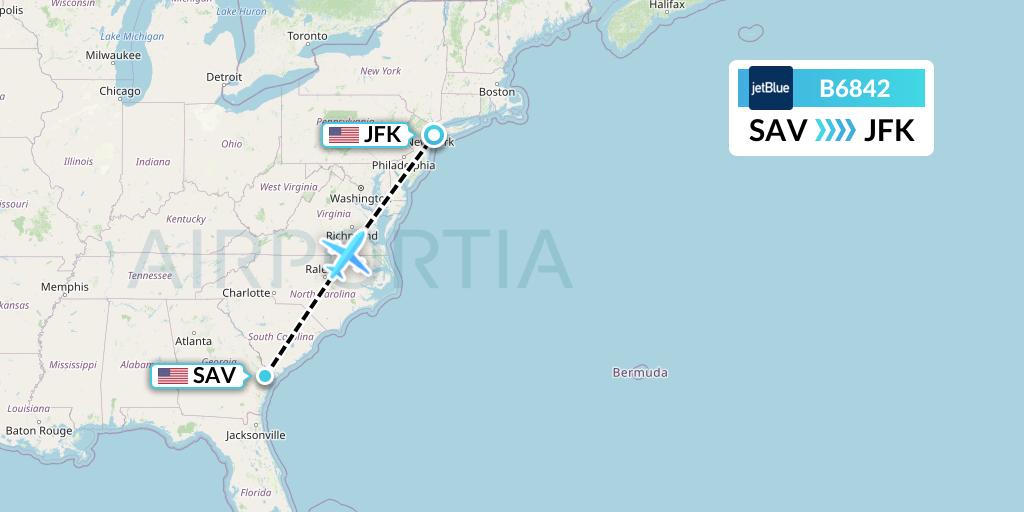 B6842 JetBlue Airways Flight Map: Savannah to New York