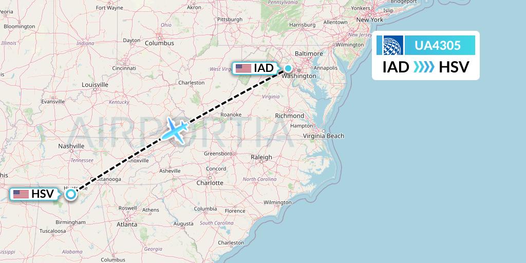UA4305 United Airlines Flight Map: Washington to Huntsville