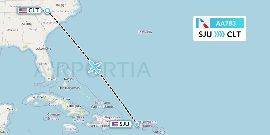 AA783 American Airlines Flight Map: San Juan to Charlotte