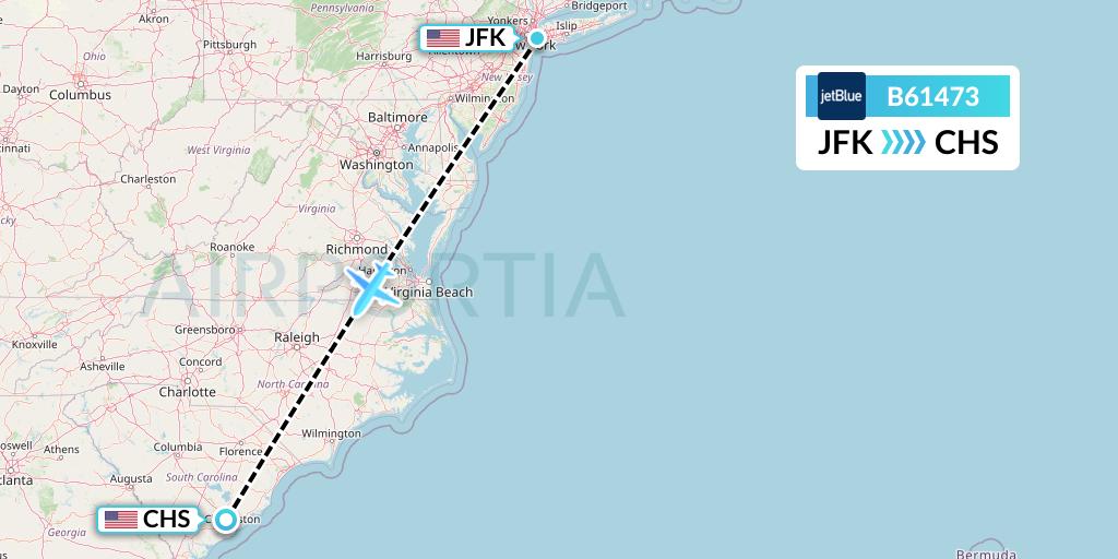 B61473 JetBlue Airways Flight Map: New York to Charleston