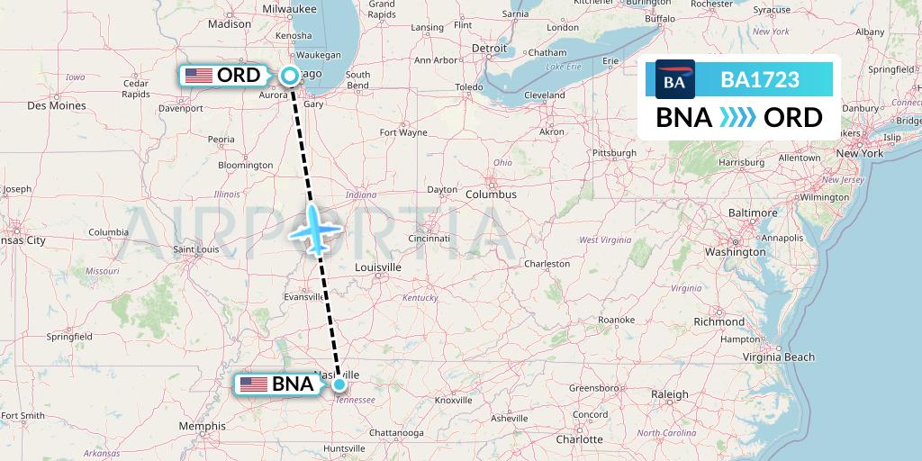 BA1723 British Airways Flight Map: Nashville to Chicago