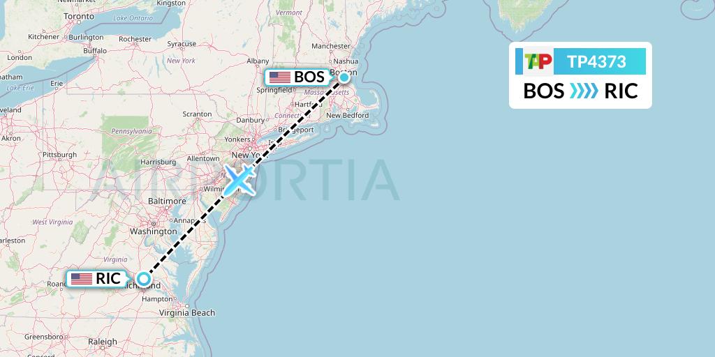 TP4373 TAP Portugal Flight Map: Boston to Richmond
