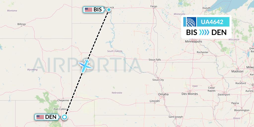 UA4642 United Airlines Flight Map: Bismarck to Denver
