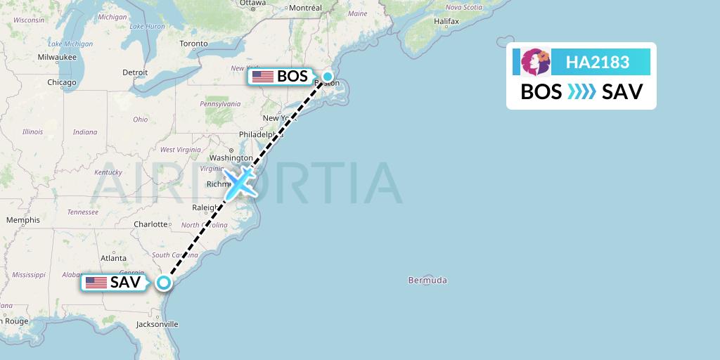 HA2183 Hawaiian Airlines Flight Map: Boston to Savannah