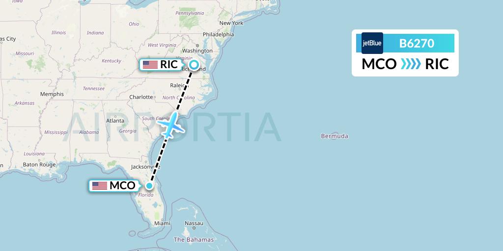 B6270 JetBlue Airways Flight Map: Orlando to Richmond