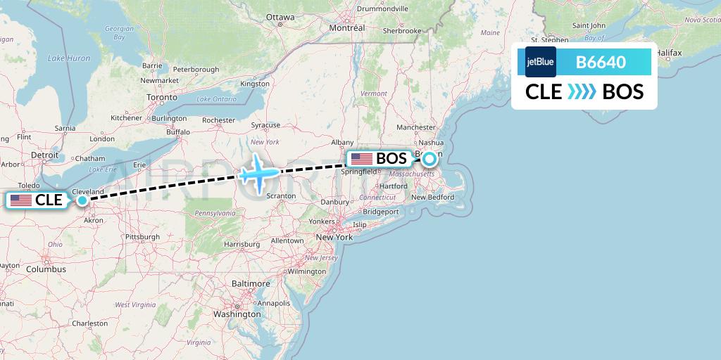 B6640 JetBlue Airways Flight Map: Cleveland to Boston