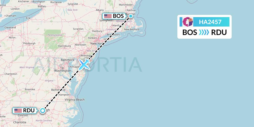 HA2457 Hawaiian Airlines Flight Map: Boston to Raleigh-Durham