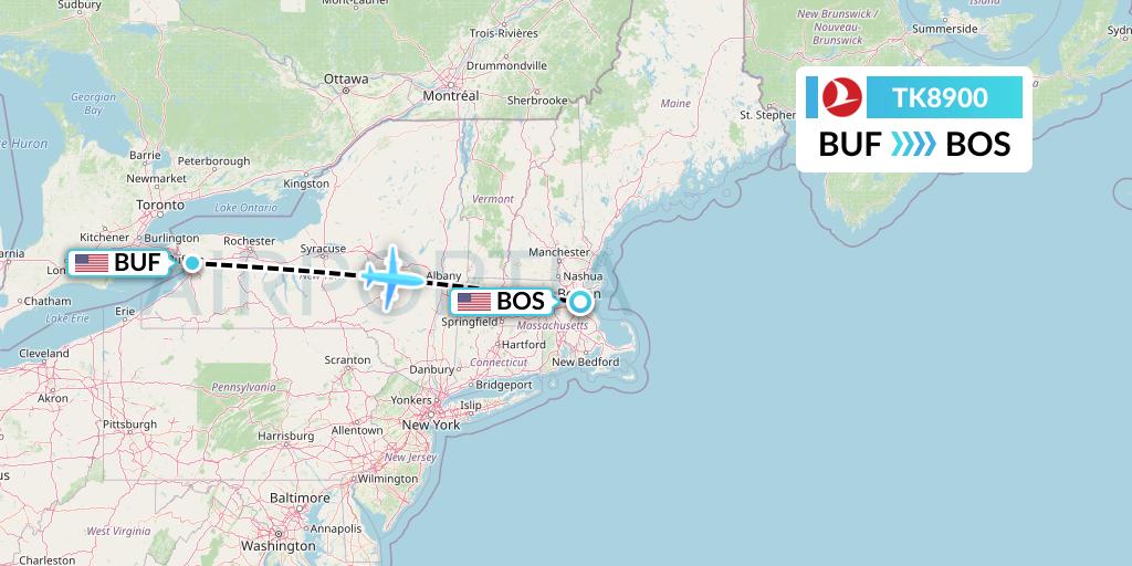 TK8900 Turkish Airlines Flight Map: Buffalo to Boston