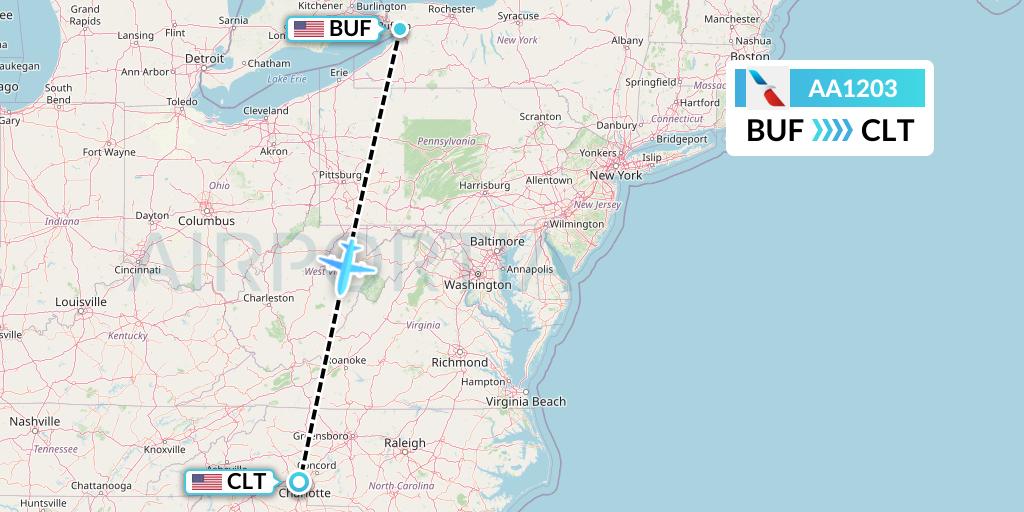 AA1203 American Airlines Flight Map: Buffalo to Charlotte