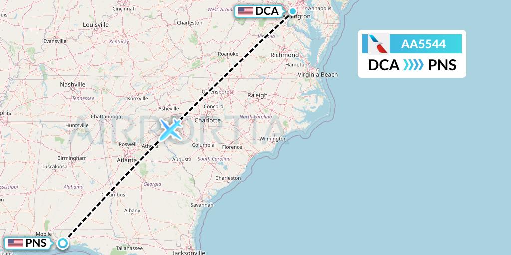 AA5544 American Airlines Flight Map: Washington to Pensacola
