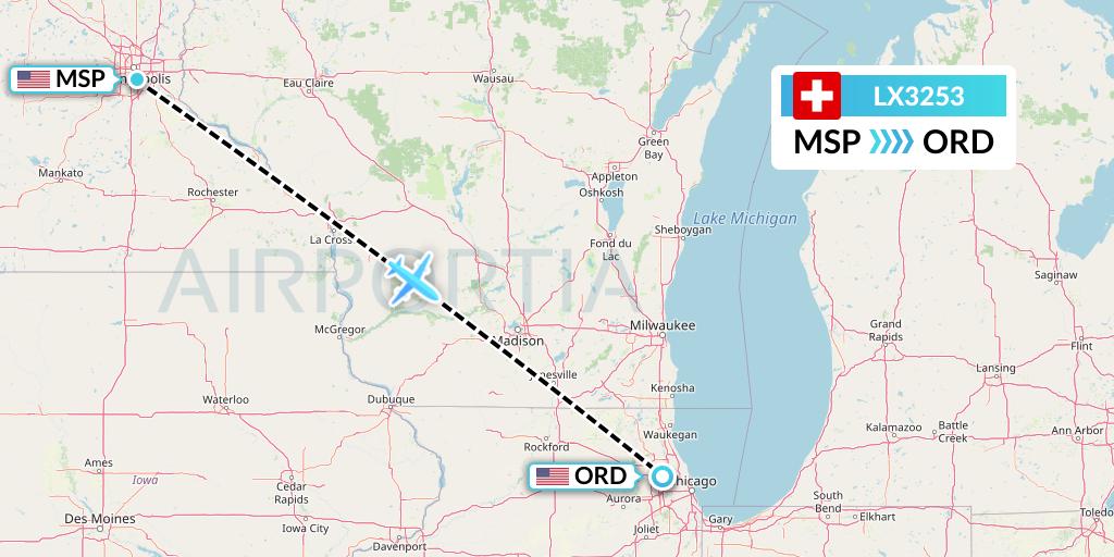 LX3253 Swiss Flight Map: Minneapolis to Chicago