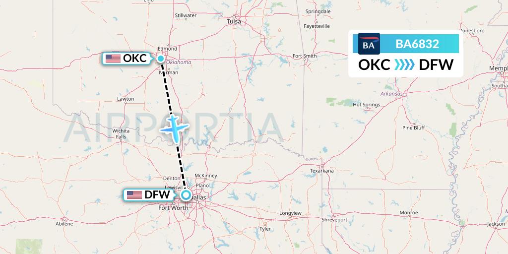 BA6832 British Airways Flight Map: Oklahoma City to Dallas