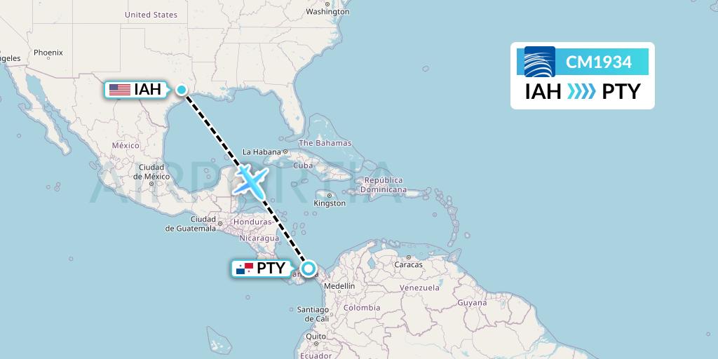CM1934 Copa Airlines Flight Map: Houston to Panama City
