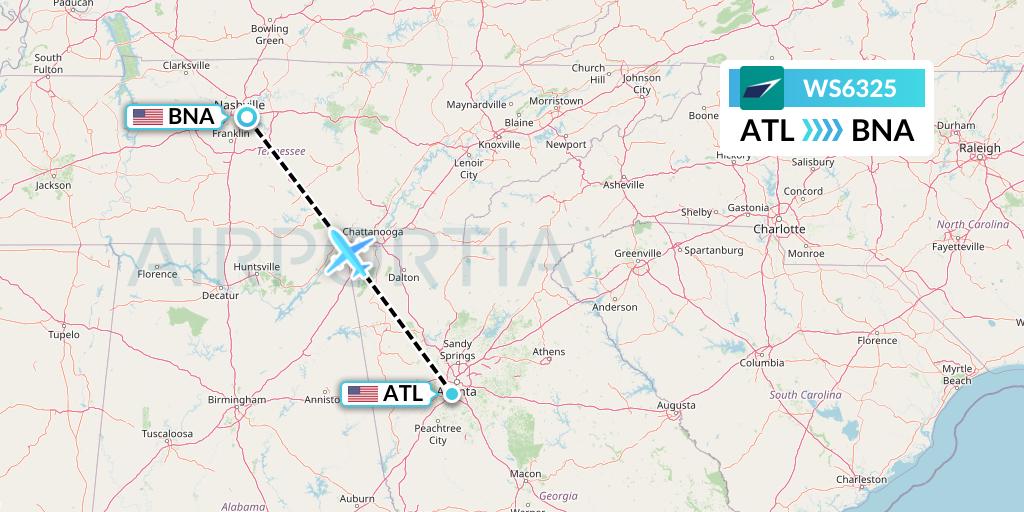 WS6325 WestJet Flight Map: Atlanta to Nashville