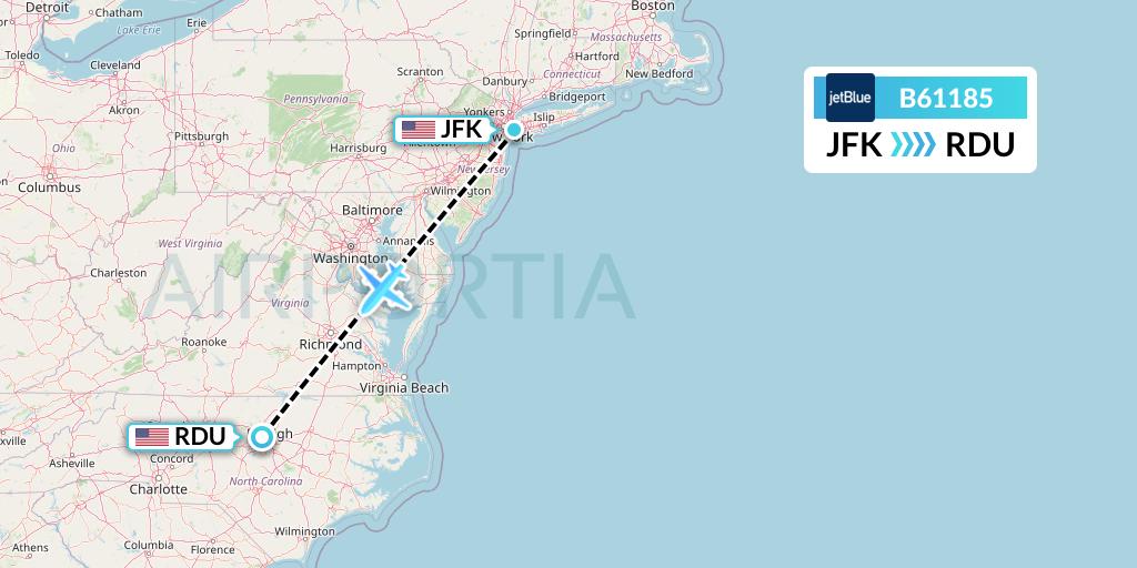 B61185 JetBlue Airways Flight Map: New York to Raleigh-Durham
