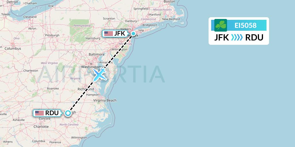 EI5058 Aer Lingus Flight Map: New York to Raleigh-Durham
