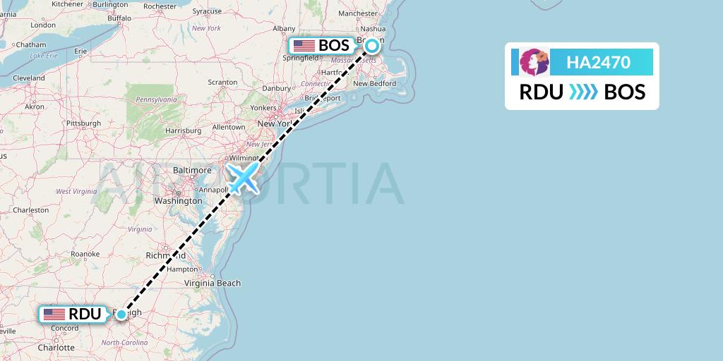 HA2470 Hawaiian Airlines Flight Map: Raleigh-Durham to Boston
