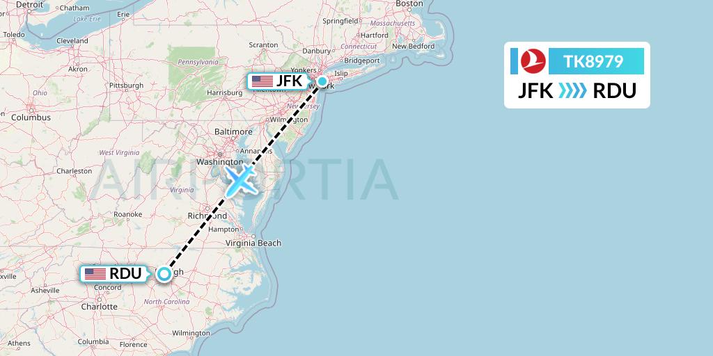 TK8979 Turkish Airlines Flight Map: New York to Raleigh-Durham