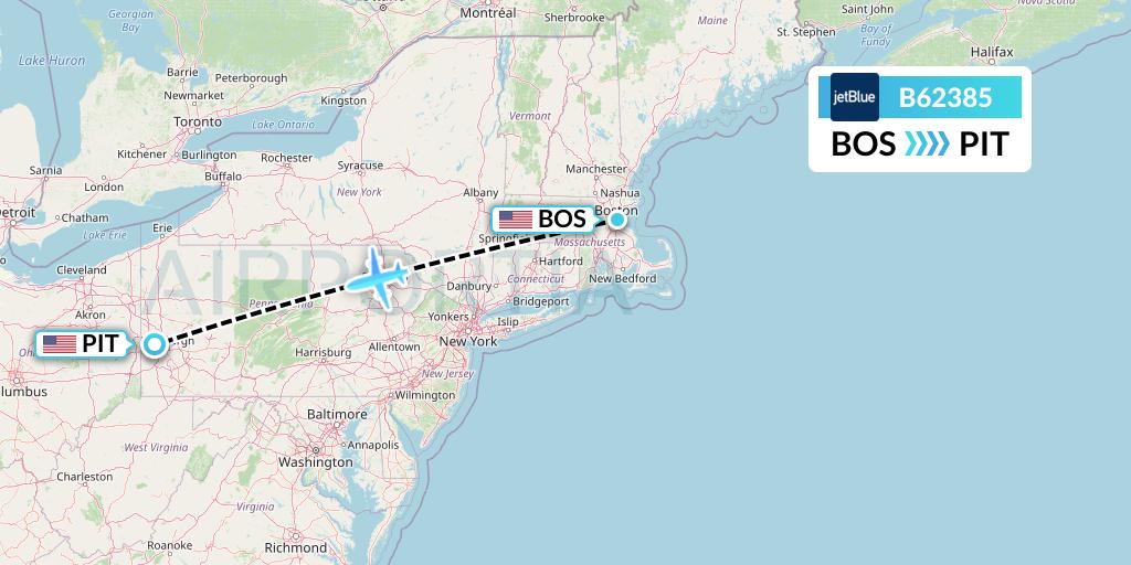 B62385 JetBlue Airways Flight Map: Boston to Pittsburgh