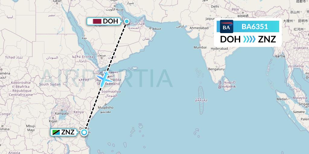 BA6351 British Airways Flight Map: Doha to Zanzibar