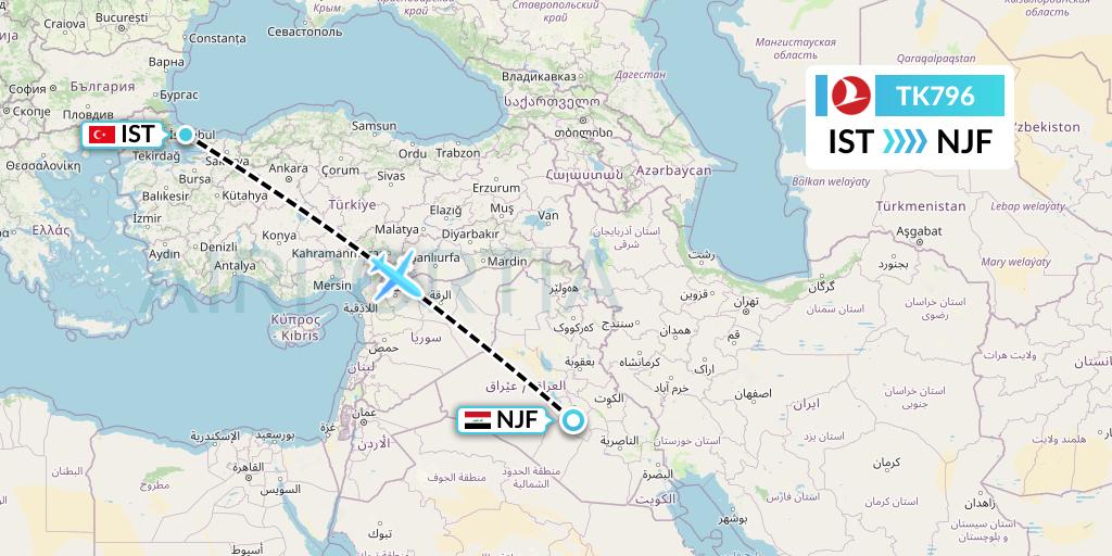 TK796 Turkish Airlines Flight Map: Istanbul to Najaf